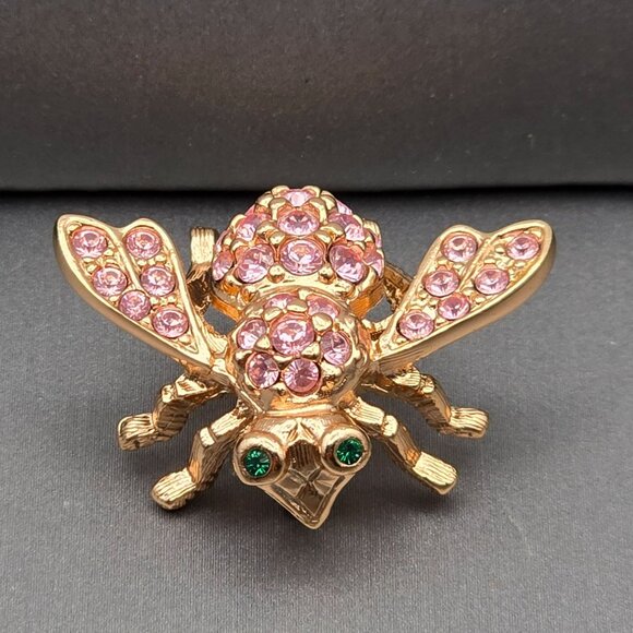 VTG Joan Rivers Bee Brooch 1.25" Pink Rhinestone Body Green Eyes Gold-Plated - Picture 2 of 9